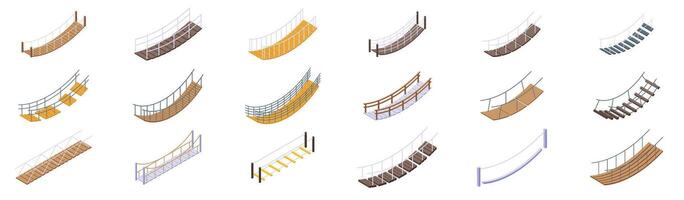 Rope bridge icons set. Set of various hanging bridges for crossing water or ravine in isometric view vector