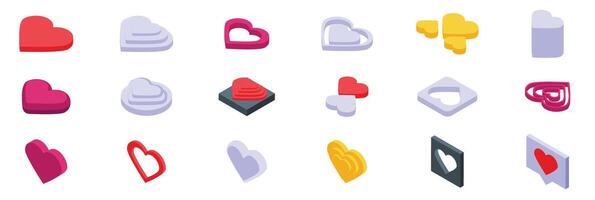 Heart shape podium icons set. Set of various hearts representing love and affection in isometric view vector