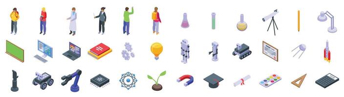 Stem education icons set. Students and teachers exploring science with modern technologies vector