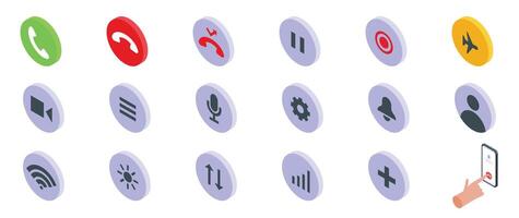 End call icons set. Hand using smartphone app with buttons set isometric view vector