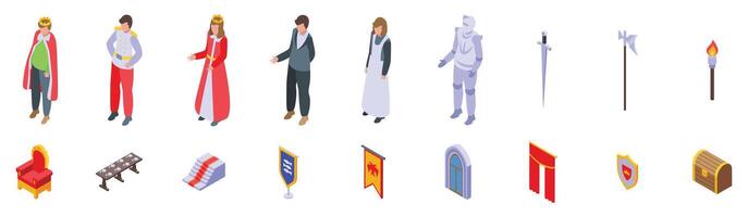 Castle hall room icons set. Medieval characters and ancient kingdom attributes with king and queen isometric icons set vector