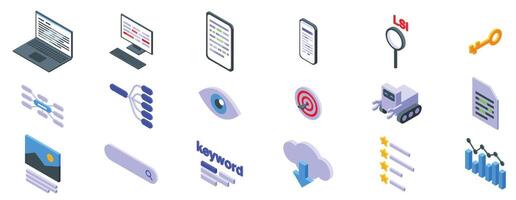 Lsi keywords icons set. Search engine optimization specialist analyzing website traffic with laptop and modern software for keyword research vector