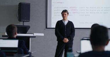 Smart Boy Student Speaking In Classroom And Talking With Classmates, Programming Classes In School video