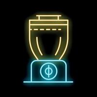 Yellow and blue neon icon of a kitchen blender with its phi symbol button, glowing on a black background vector