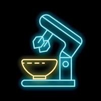 Neon icon of stand mixer whisking dough in bowl on black background vector