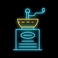 Neon sign of manual coffee grinder with coffee beans container on black background vector