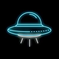 Blue neon sign of ufo spaceship hovering and emitting light beams vector