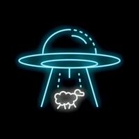 Neon icon of ufo abducting sheep with tractor beam vector