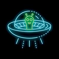Neon sign of happy alien flying in a spaceship at night vector