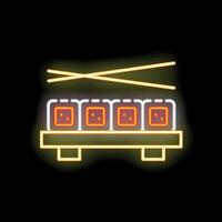 Glowing neon line icon representing sushi on a cutting board with chopsticks vector