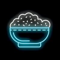 Neon sign of a bowl overflowing with rice on a black background vector