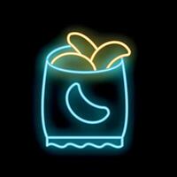 Neon sign representing a chips bag, with chips coming out of it, on a black background vector