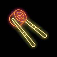 Glowing neon line sushi icon with chopsticks holding roll on black background vector