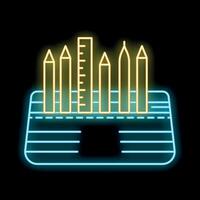 Neon pencil case with pencils and ruler icon glowing on black background vector