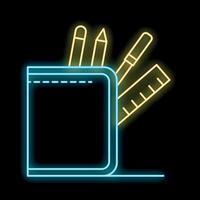 Glowing neon line wallet with pencils ruler icon isolated on black background vector illustration