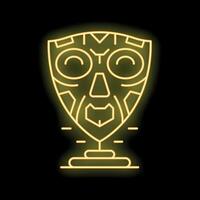 Glowing neon line icon of an african mask on a stand, vector illustration