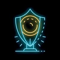 Neon shield protecting a smiley face on black background vector