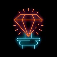 Neon sign depicting shiny diamond on stand with rays of light vector