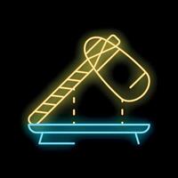 Glowing neon sign of an auction hammer striking a sound block, symbolizing a final bid vector
