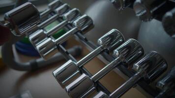 A closeup of weights displayed in a beautifully designed contemporary gym setting video