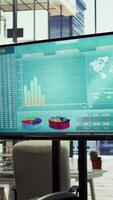 Vertical Empty modern office setup with advanced technology enhances productivity, helping professionals focus on financial strategies, performance metrics and global business objectives. video