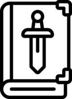 A black and white outline of a book with a dagger vector