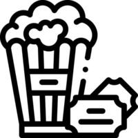 A black and white icon of popcorn and a ticket vector
