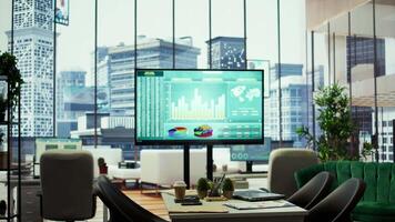 Sleek corporate office with a computer displaying detailed infographics, perfect for executive business meetings or financial planning and project development in a multinational company. video