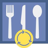 A fork, knife and spoon are shown in a blue square vector