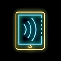 Neon tablet emitting wifi signal on black background vector