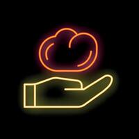 Hand holding cloud computing neon sign on black background vector