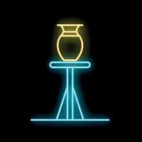 Glowing neon line icon of a traditional japanese vase standing on a wooden tripod table vector