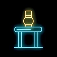 Glowing neon line icon of a perfume bottle standing on a table, isolated on a black background vector