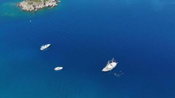 Aerial Drone View of Tourist Yachts with Swimmers in Open Sea on a Sunny Day video