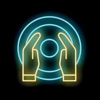Two hands holding glowing virtual neon button on black background vector