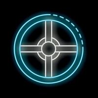 Neon sign representing a round window with a cross dividing it in four sections on a black background vector