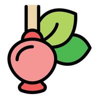 Candy apple covered in red candy coating hanging from stick with green leaves vector