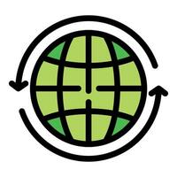 Green world globe surrounded by two arrows showing circular movement vector