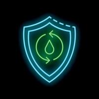 Neon icon of shield protecting water droplet symbolizing water security vector