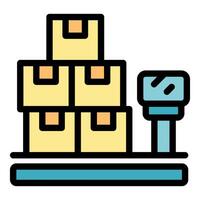 Warehouse worker scanning packages on digital scale for delivery vector