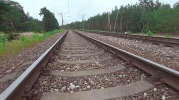 Moving Forward Along the Railroad Going Through the Pine Forest. European Railway for Electric Train - Smooth Movement on Gimbal Stabilizer video