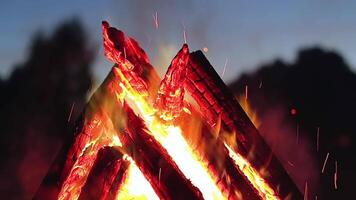Big Burning Campfire at Summer Evening against the Blue Sky. Wood on Fire. Flying Sparks. Travel and Tourism Concept. Giant Flaming Bonfire - Static Shot, Slow Motion video