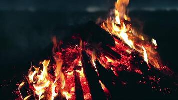 Big Campfire is Burning Down in Early Morning or Evening against the Blue Sky. Wood on Fire. Flying Sparks. Travel and Tourism Concept. Remains of a Giant Bonfire at Summer - Static Shot, Timelapse video
