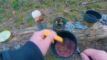 Camp Food. Cooking in a Hike Using a Small Cook Set - First Person View, Wide Angle. Food on the Trip. Traveler in a Spring Forest. Tourist in a Travel is Heating Food - POV Shot. video