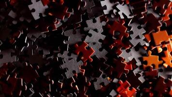 Background of Colored Puzzle Pieces that Rotating Clockwise - Top View. Texture of Incomplete Red and Grey Jigsaw Puzzle with Low Key Light - Right Rotation video