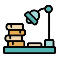 Modern desk lamp illuminating books on shelf at night vector