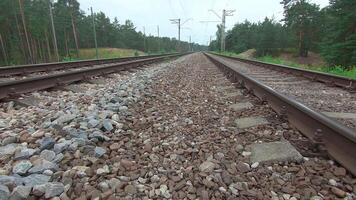 Moving Forward Along the Railroad Going Through the Pine Forest. European Railway for Electric Train - Smooth Movement on Gimbal Stabilizer video
