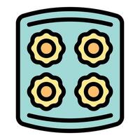 Baking tray preparing delicious round cookies with flower design vector