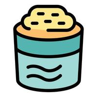Open protein powder container with scoop showing inside contents vector