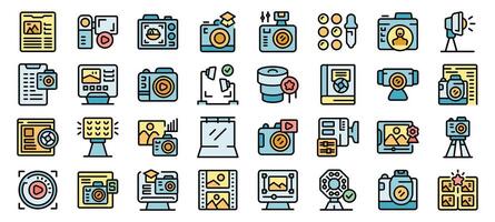Professional photographer editing photos on computer with camera icons set vector
